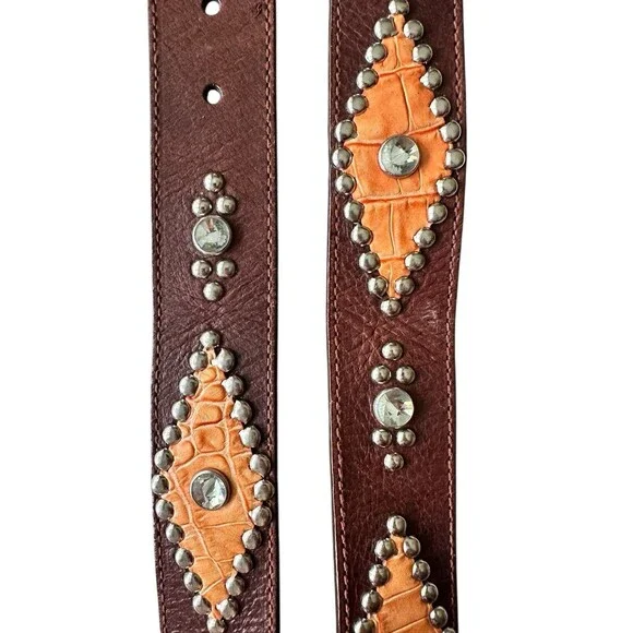 Vtg GUESS Leather Belt Big Buckle Studded Rhinestone Brown Y2K Guess Vintage Y2K Chunky Big Buckle Leather Belt Rhinestone  main image 3